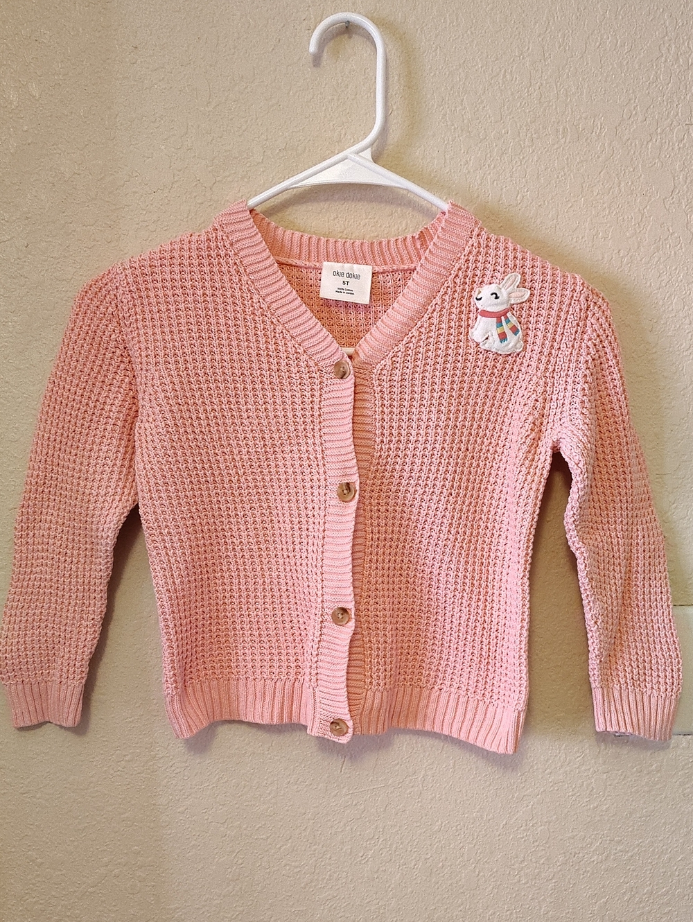 Okie dokie Light Pink Knit Button-Front Cardigan with Bunny Patch Size 5t